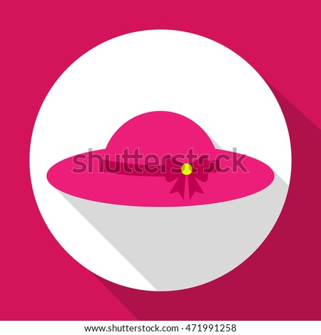 Sun hat pink color with bow. Flat icon with long shadow. Vector illustration. EPS10.