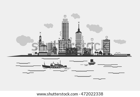 Outline panorama of a metropolis or city with sea or river, ships in front. Silhouette cityscape with clouds and trees, bus and crane, man near lamp on bus stop and skyscrapers.