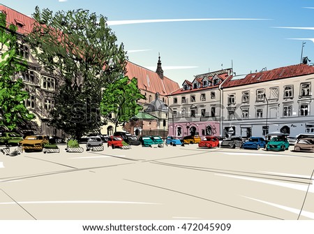 Poland. Krakow. Hand drawn sketch. City vector illustration