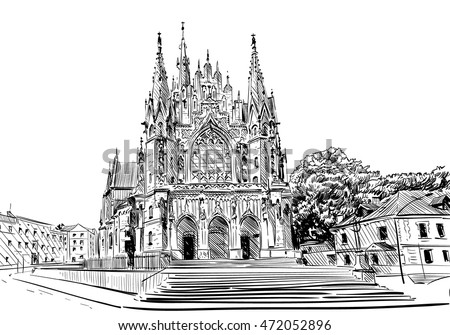 Poland. Krakow. Church of St. Joseph. Hand drawn sketch. City vector illustration