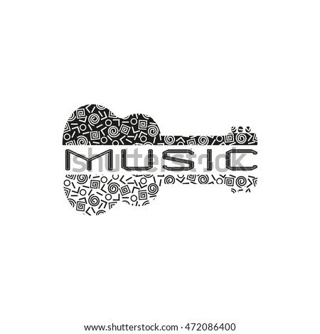 Template Design Poster with doodle acoustic guitar silhouette. Vintage music icon. Black white musical instrument logo in Swiss international style. Modern Memphis pattern. Vector illustration