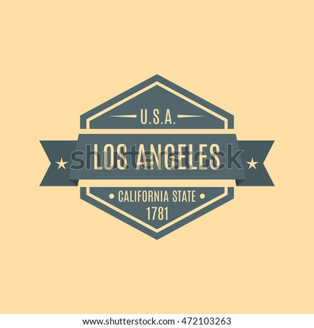 Hexagonal emblem with the text of the city of Los Angeles in a retro style, isolated on a yellow background, vector illustration.
