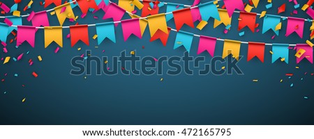 Blue banner with garland of colour flags and confetti. Vector illustration. Royalty-Free Stock Photo #472165795