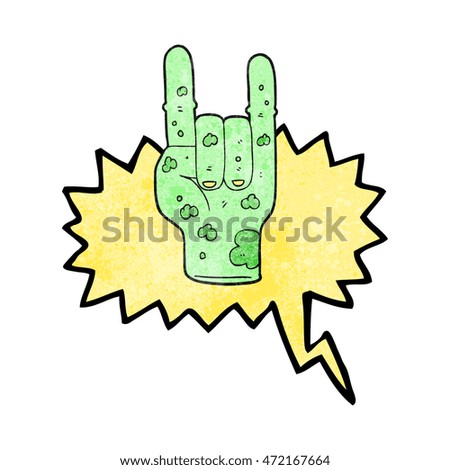 freehand speech bubble textured cartoon zombie hand making horn sign
