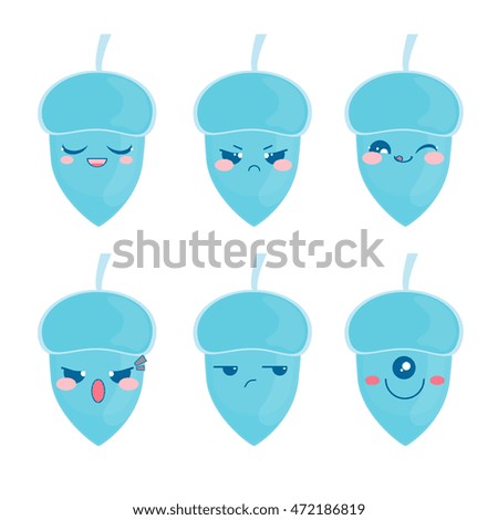 Vector elements for design. Flat water drop acorns smile, happy, sly, sad, moody, angry, grumpy. Kawaii muzzles. Object isolated on white background. Cartoon character with different face expressions
