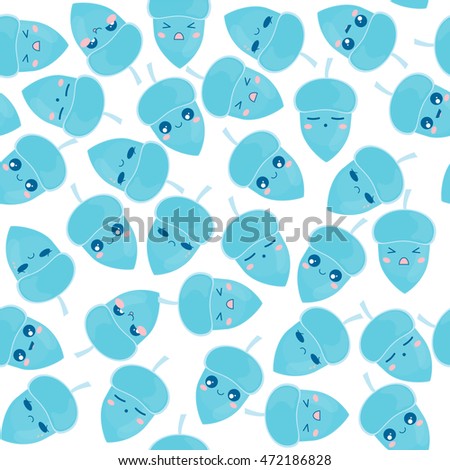 Vector seamless pattern. Cute, Kawaii water drop acorns with lovely smile face. Flat cartoon character design, abstract background. Childish texture, textile, print