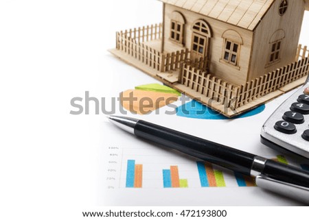 Model house, construction plan for building, magnifying glass, divider compass. calculator. Real Estate Concept. Top view.
