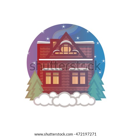 Vector element for design. Illustration of winter flat house, winter flat home, cartoon landscape with snow, drift, pine tree, Christmas tree, blue night sky, stars. Isolated on white 1 from 9