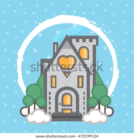 Vector design greeting card. Lovely winter cartoon illustration, winter flat cottage with pine and snow on blue background with stars