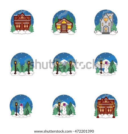 Vector flat illustration of winter landscape. Winter flat houses, home, cottage, forest, mountains, snowman, street lamp, pine, Christmas tree, snow, stars. Object isolated on white background