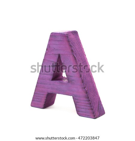 Single sawn wooden letter A symbol coated with paint isolated over the white background