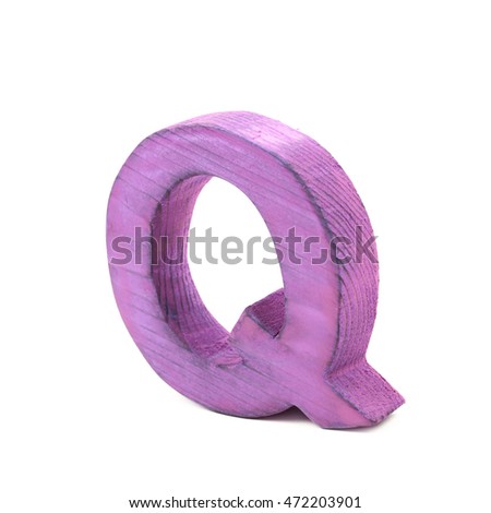 Single sawn wooden letter Q symbol coated with paint isolated over the white background