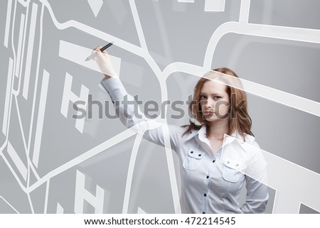 Future technology, navigation, location concept. Woman showing transparent screen with gps navigator map.