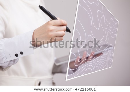 Geographic information systems concept, woman scientist working with futuristic GIS interface on a transparent screen. Royalty-Free Stock Photo #472215001