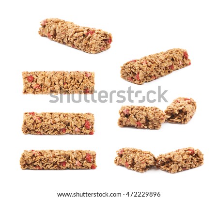 Nutrient chewy grains bar isolated over the white background, set of multiple different foreshortenings