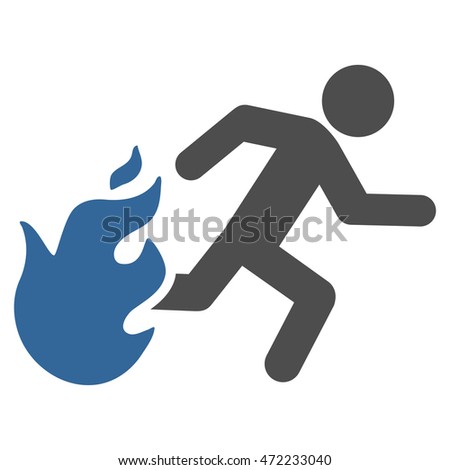 Fired Running Man icon. Vector style is bicolor flat iconic symbol with rounded angles, cobalt and gray colors, white background.