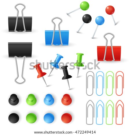 Paper clips, binders and pins vector set. Stationery tools for office work with documents illustration