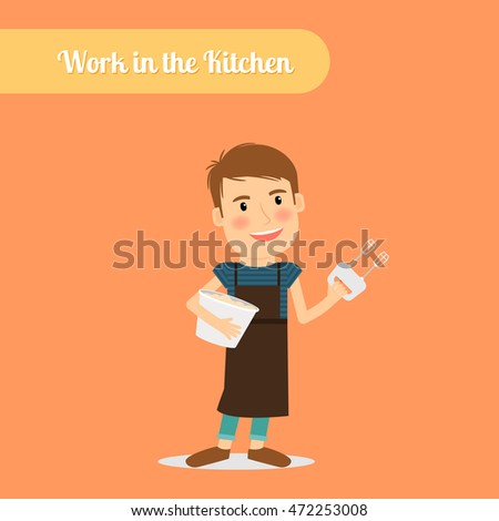 Man work in the kitchen. Cooking food man vector illustration
