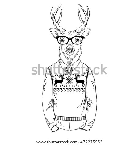 deer man dressed up in jacquard pullover, Merry Christmas character, furry art illustration, fashion animals
