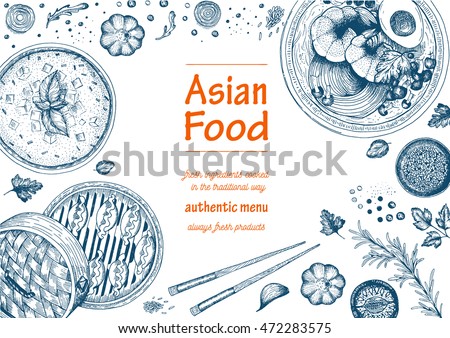 Asian food background. Asian food poster. Asian food frame menu restaurant. Asian food sketch menu.Vector illustration