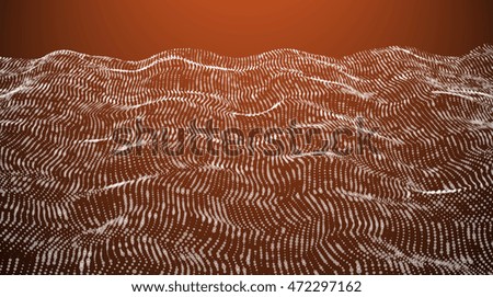 Futuristic Landscape with Shiny Grid. Low Poly Terrain. 3D Network Abstract Background. Vector