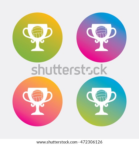 Volleyball sign icon. Beach sport symbol. Winner award cup. Gradient flat buttons with icon. Modern design. Vector