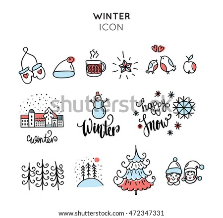 Winter doodles icon. Hand drawn design elements: tea, clothes, christmas tree, snowman, children and others. Winter season themed