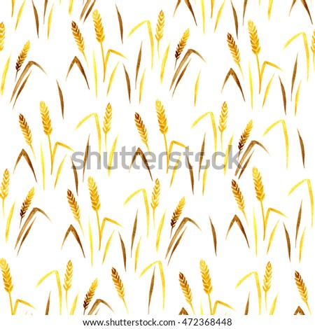 Seamless watercolor pattern with ear of wheat on the white background, aquarelle.