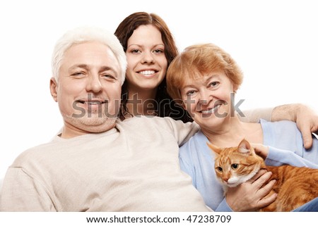 Cheerful families and a cat on a white background