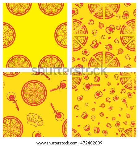  Set of background food pattern.  Round hot delicious pizza and products for cooking, sliced - mushrooms, tomatoes, olives, bell pepper, onion.