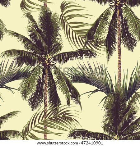 Palm trees, tropical leaves, seamless vector pattern, jungle background Royalty-Free Stock Photo #472410901