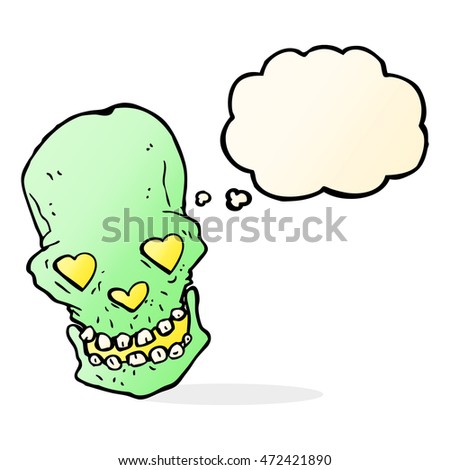 cartoon skull with love heart eyes with thought bubble