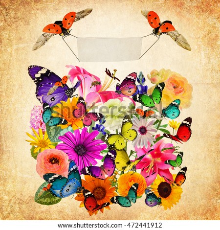 Colorful flowers, butterflies and ladybug composition with blank banner for text. Nature, Wildlife and Art. Old paper texture background. Vintage style image