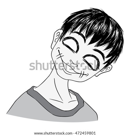 Vector cartoon image of a cute little boy in t-shirt like a zombie under hypnosis on a white background Made in a monochrome style Positive character