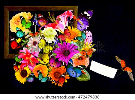Colorful flowers, butterflies and ladybug with wooden frame and blank banner for text.  Nature and Wildlife Art composition on the black background