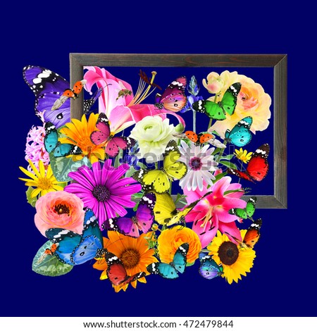 Colorful flowers, butterflies and ladybug art composition with Wooden frame on dark blue background