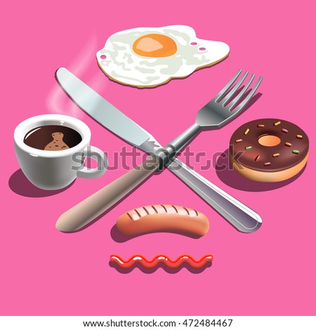 realistic logo of breakfast with eggs, sausage, donut and coffee
