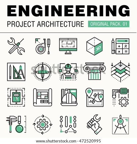 Modern engineering construction big pack. Thin line icons architecture. Professional projects drawing future production industry elements. High quality vector symbol. Stroke pictogram for web design. Royalty-Free Stock Photo #472520995