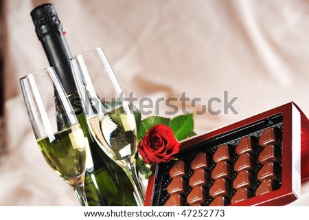  Heart shape chocolate, champagne  and red rose