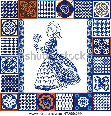 Porcelain tiles set. Blue ceramic collage. Young beautiful women in traditional dress. Hand drawn illustration and geometrical patterns. Moroccan, Indian, Spanish, Italian, Chinese motif.