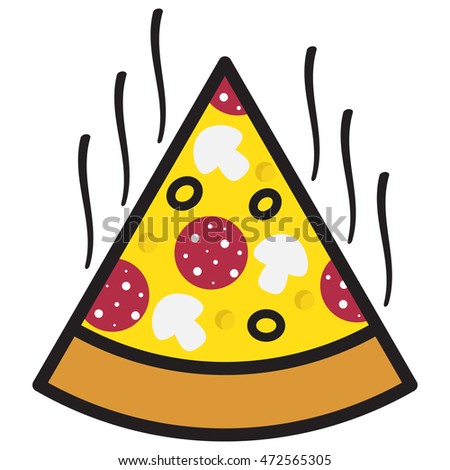 Pizza with cheese, salami, mushrooms and olives. Pizza slice icon. Vector clip art illustration with simple gradients. 