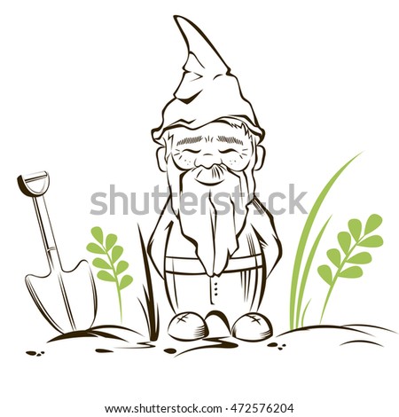 Vector cute garden gnome with background.For garden services logo