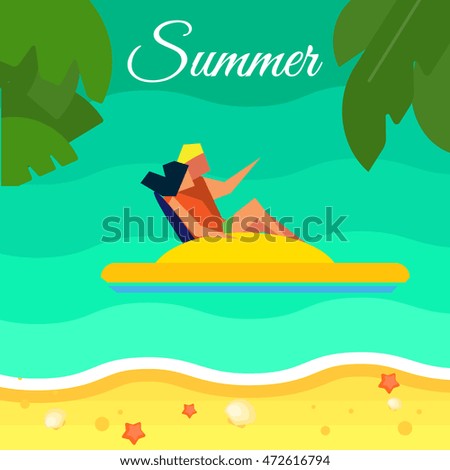 Summer background, vector illustration. Happy couple on yellow water bicycle in water. Sand beach with palm leaves and starfish. Natural landscape. Summer fun. Sea time. Outdoor leisure