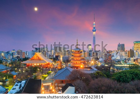 View of Tokyo skyline  at sunset in Japan.
