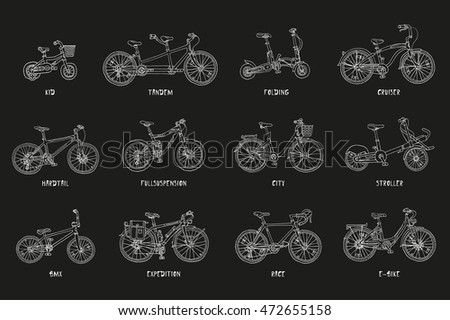 Big hand drawn set of different bicycles. 