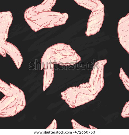 Chicken wing pattern including seamless on a black background. Chicken wing vector illustration.