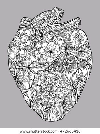Stylized human heart. Heart with flowers. Human organ. Ornamental. Line art. Black and white drawing by hand. Doodle. Zentangle. Tattoo.