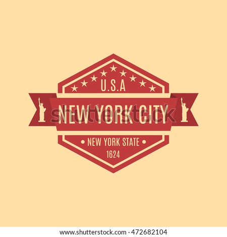 Hexagonal emblem with the text of the city of New York in a retro style, isolated on a yellow background, vector illustration.