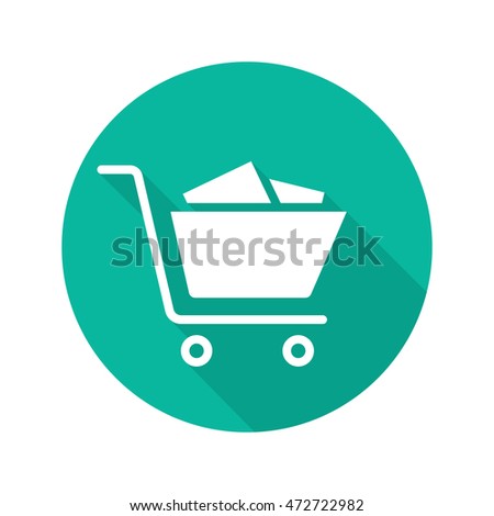 Shopping cart full of boxes. Flat design long shadow icon. Vector silhouette symbol