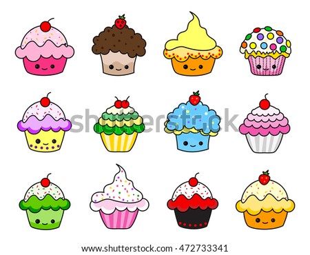 Vector set of twelve different cute cupcakes